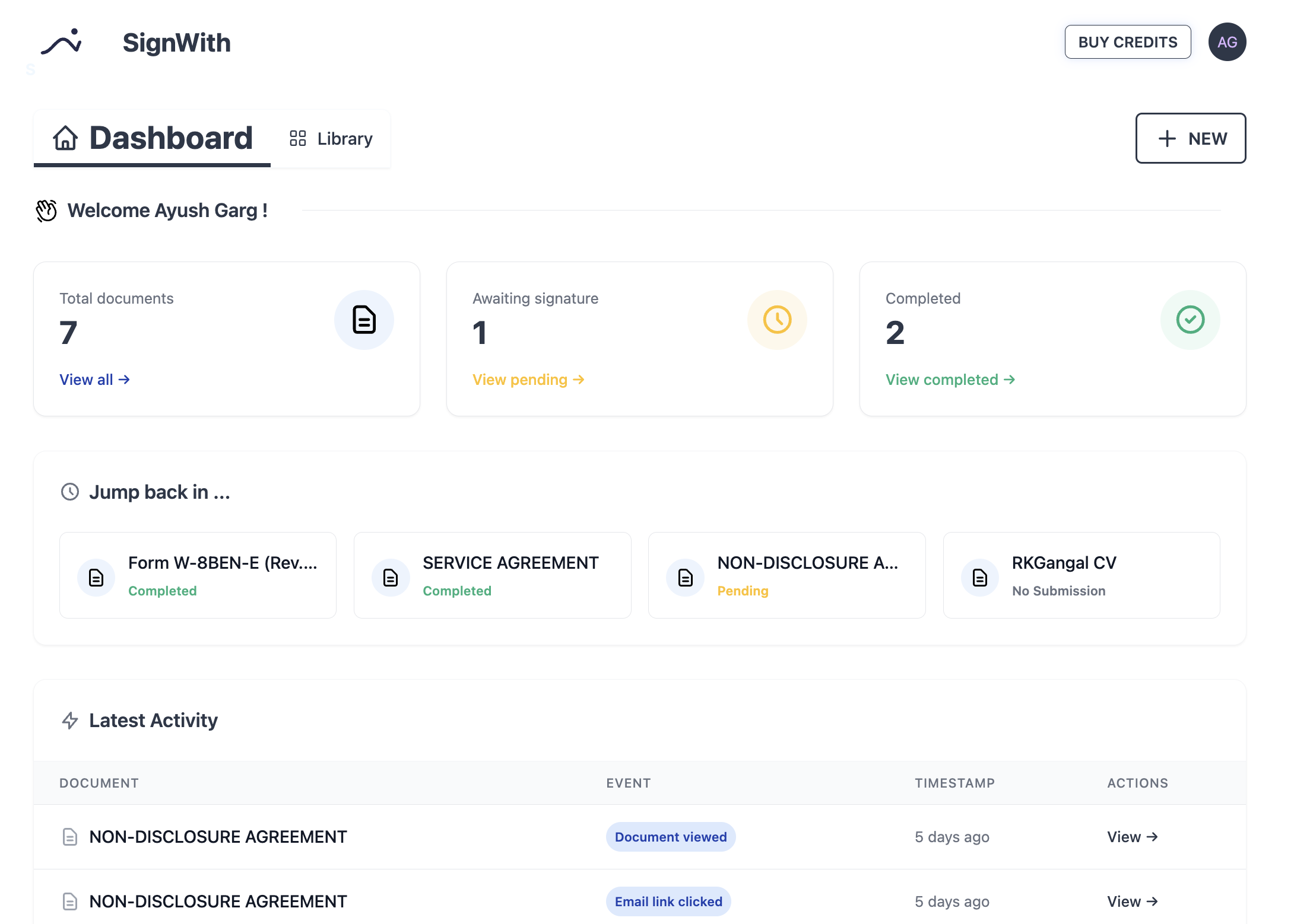 Dashboard preview from the SignWith product