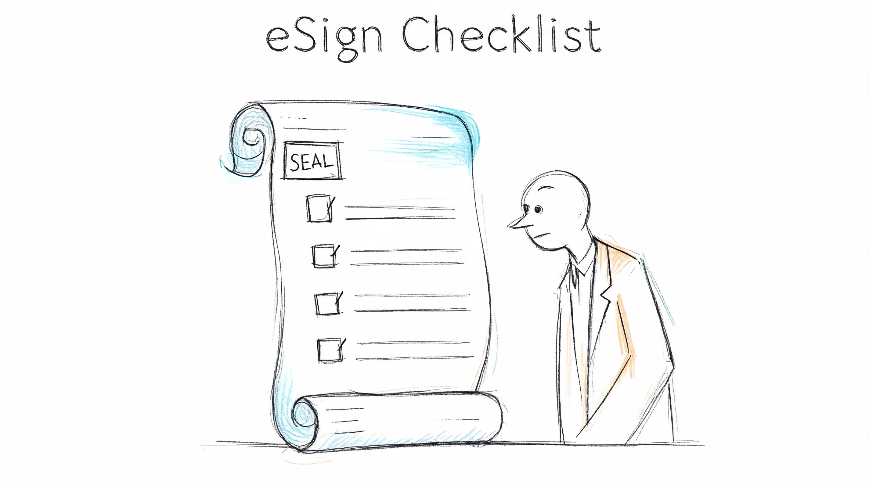 A hand-drawn sketch of a business person reviewing an eSign checklist document with a seal.