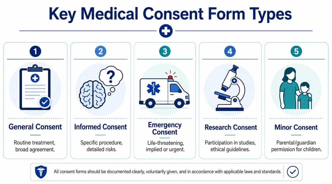 An infographic illustrating five key types of medical consent forms for healthcare and legal documentation purposes.