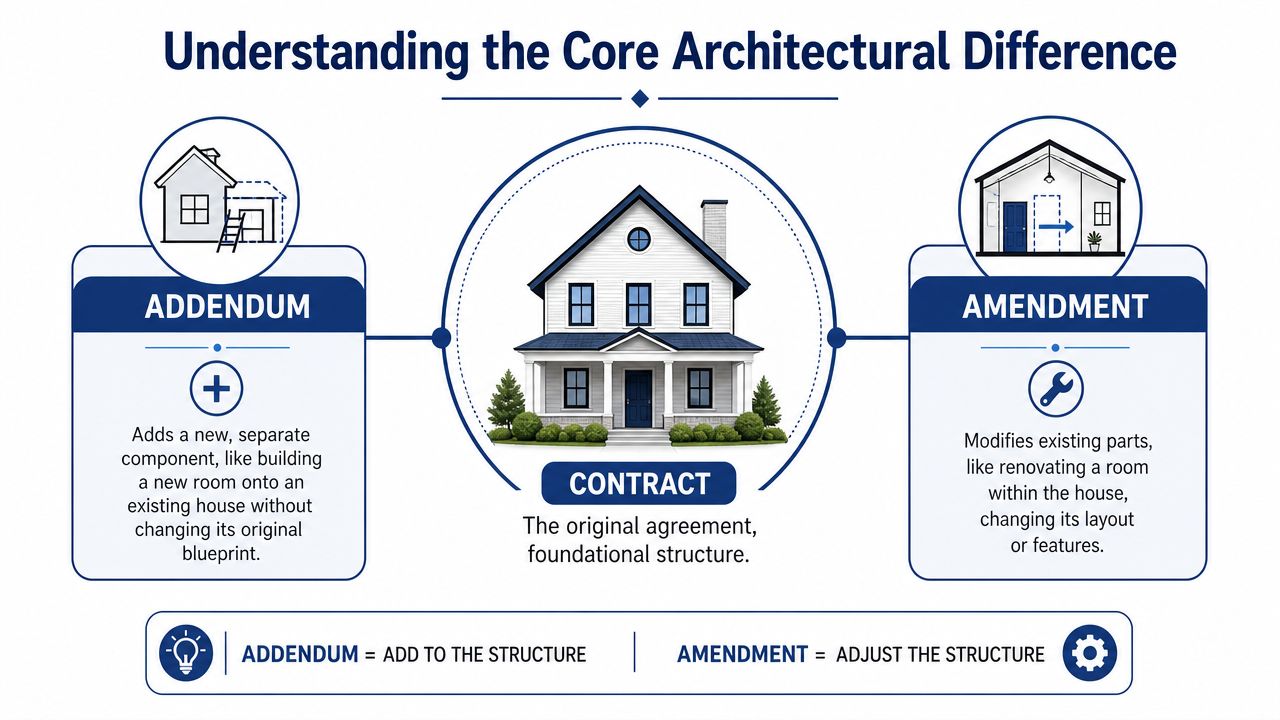 A diagram illustrating the architectural difference between a contract addendum as an addition and an amendment as a modification.
