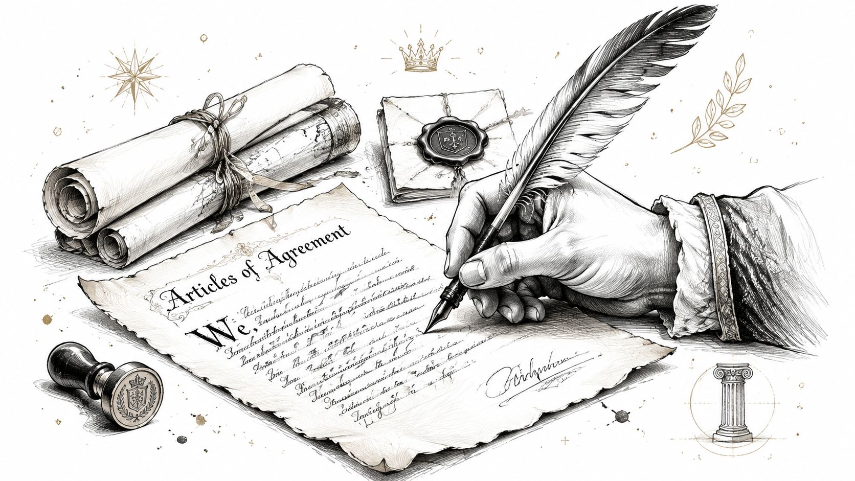 A hand using a quill pen to sign an antique document titled Articles of Agreement with official seals.