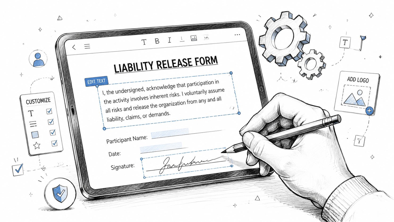 A hand signing a digital liability release form on a tablet screen with illustration style graphics.