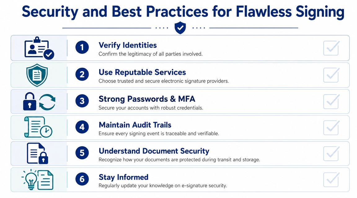 An infographic titled Security and Best Practices for Flawless Signing outlining six essential tips for electronic signatures.