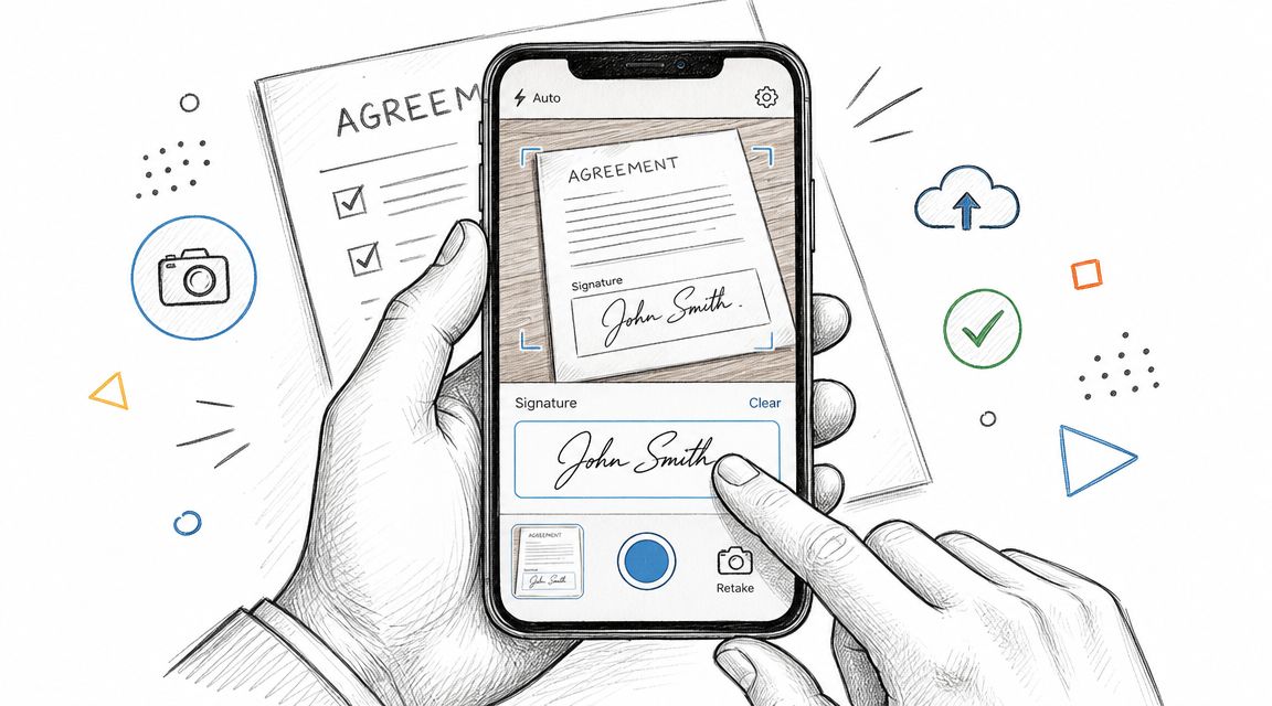 A hand holding a smartphone while signing an electronic agreement on the touch screen display.