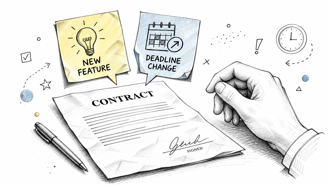 A hand holding a signed contract with sticky notes indicating a new feature and a deadline change.