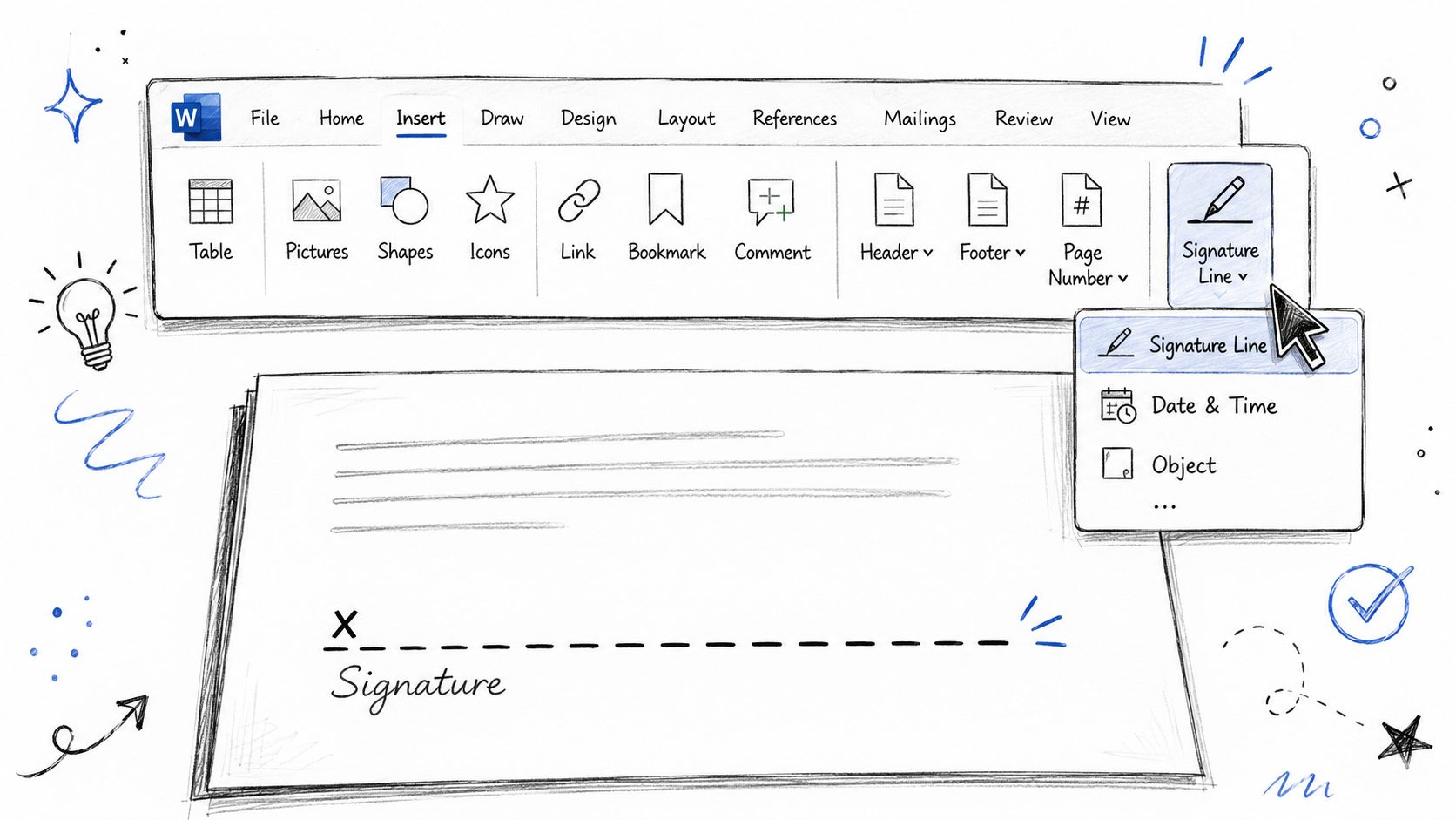 A hand-drawn illustration showing the Microsoft Word Insert menu with the Signature Line feature selected.