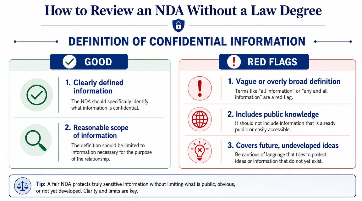 An infographic titled How to Review an NDA, highlighting good practices and red flags for confidential information.