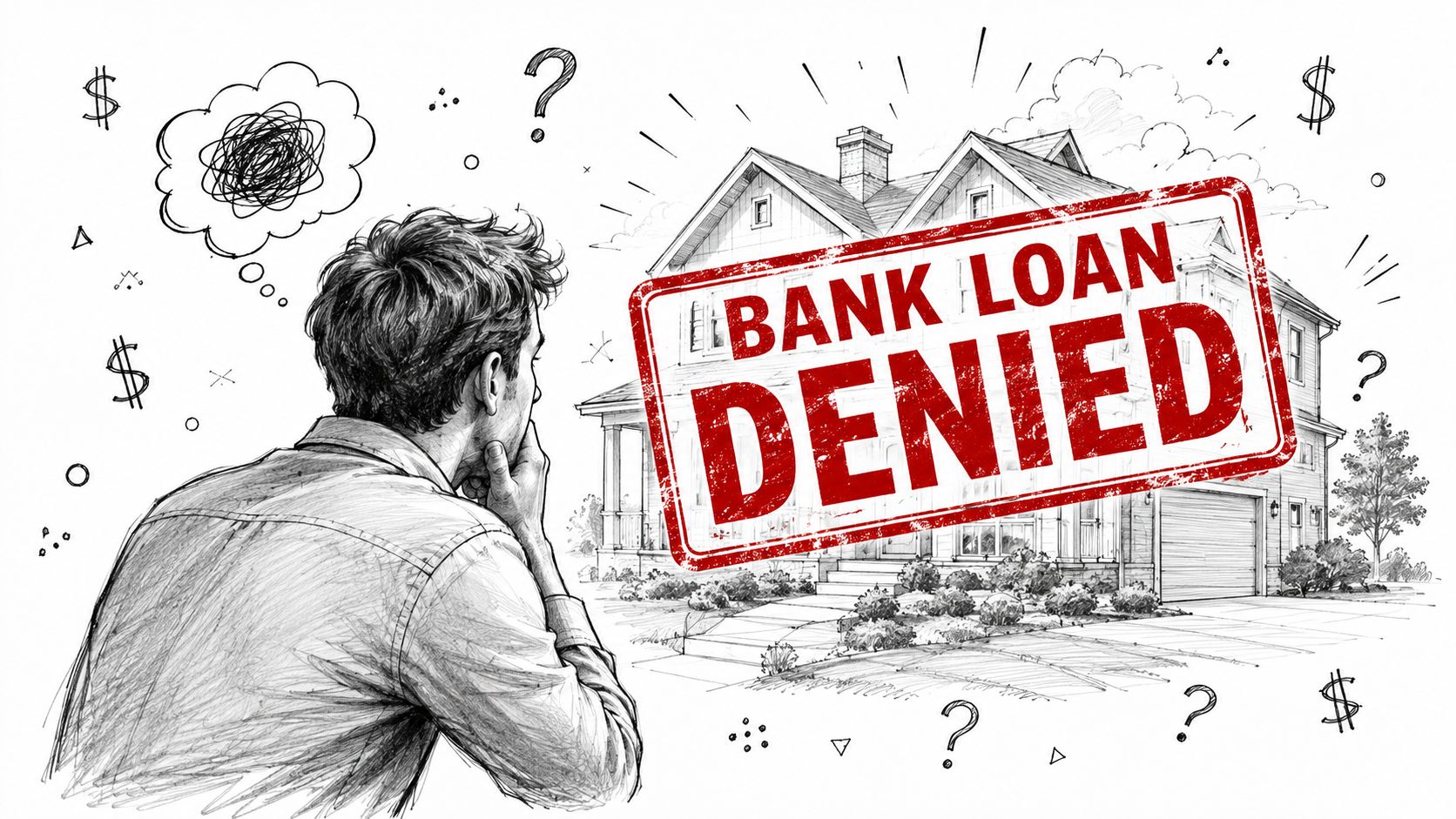 A distressed person looks at a sketch of a house with a large Bank Loan Denied stamp.