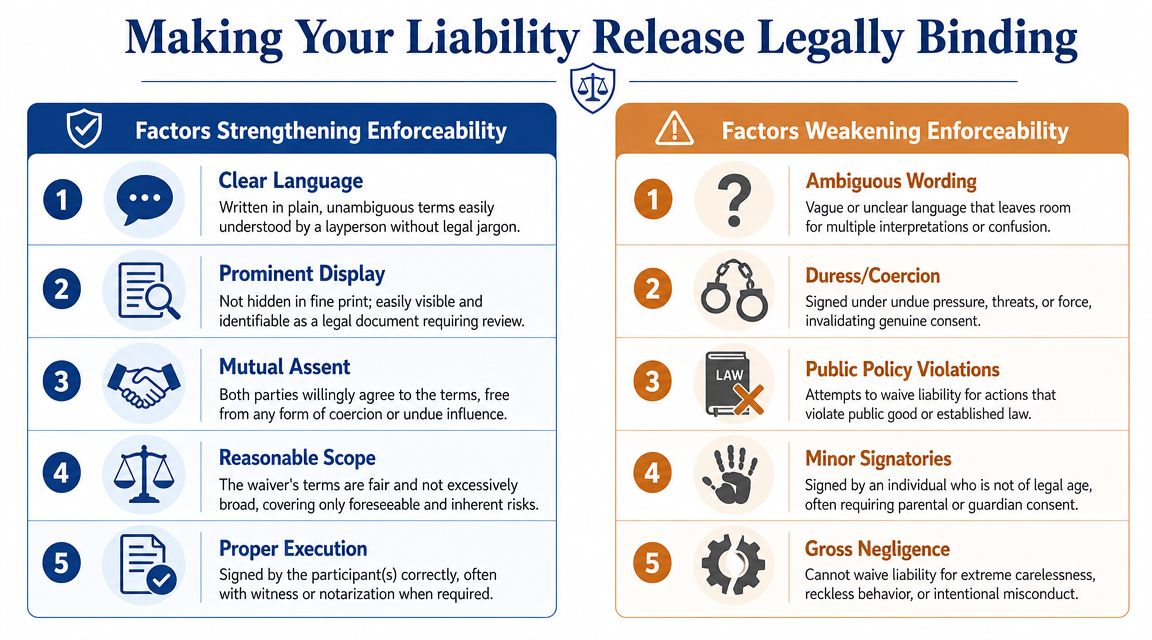 An infographic titled Making Your Liability Release Legally Binding detailing factors that strengthen or weaken enforceability.