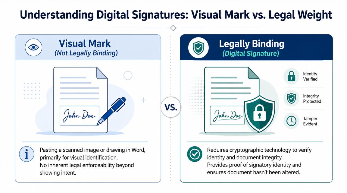 An infographic comparing a simple visual signature in a document to a secure, legally binding digital signature.