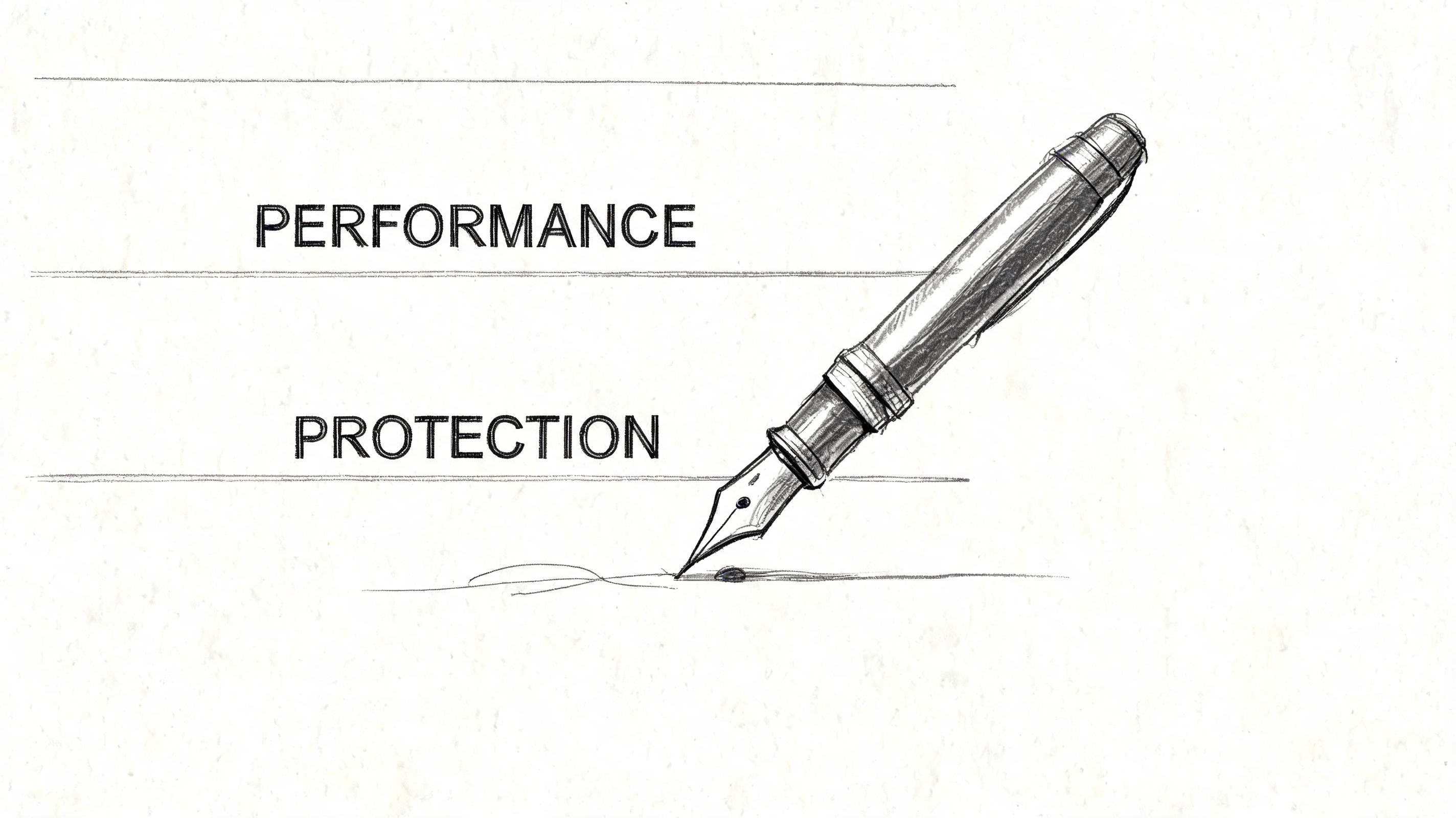 A fountain pen drawing a line on paper below the text Performance and Protection