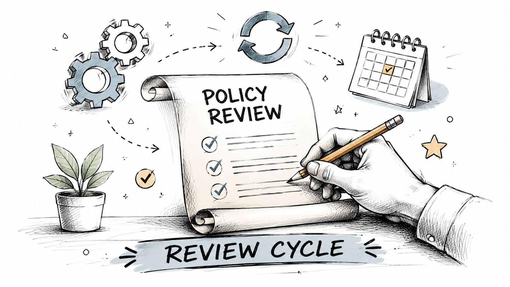 A hand writes on a policy review document next to a calendar, plant, and process gears.