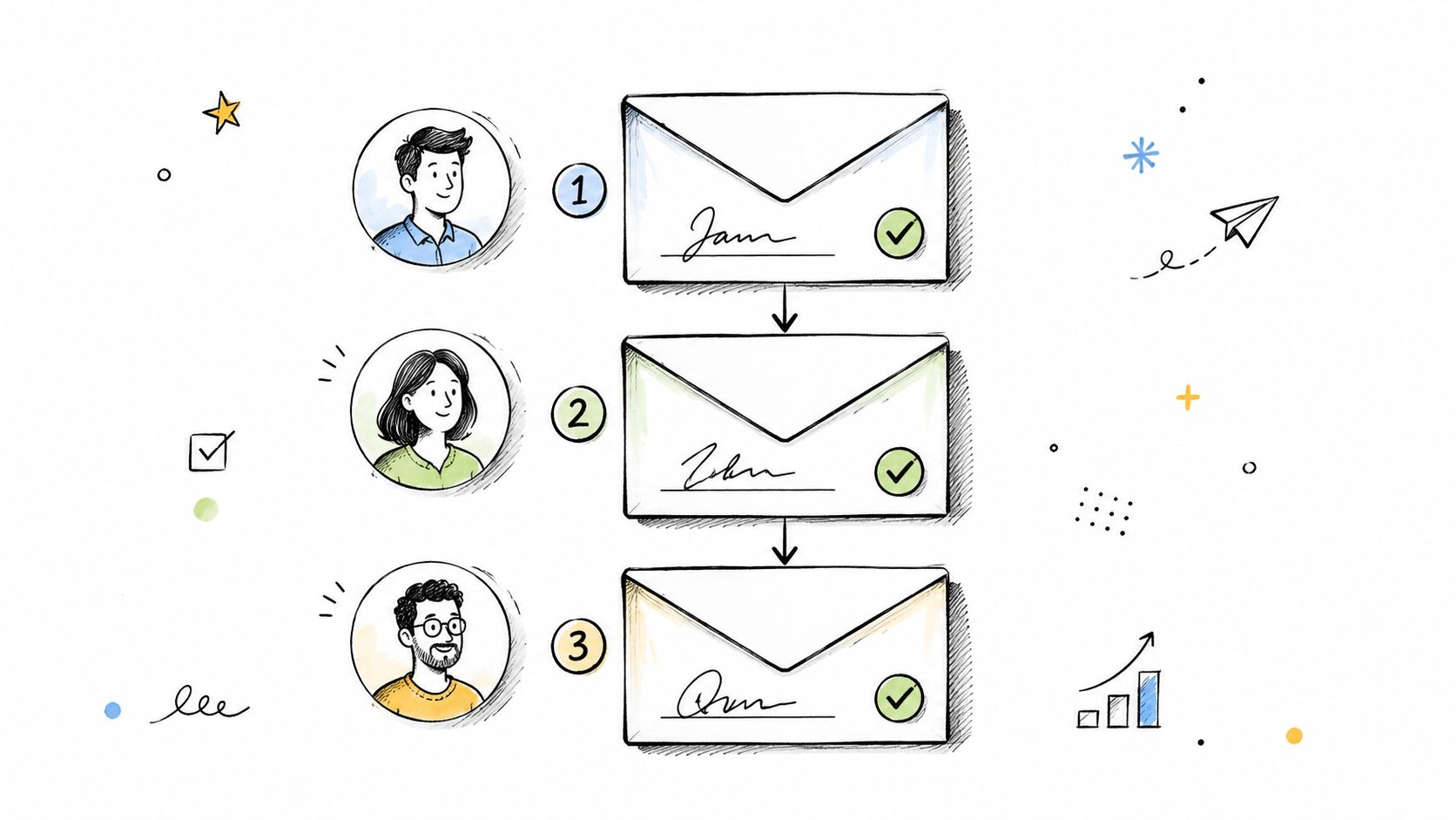A diagram showing three people signing documents in a sequential workflow, representing an electronic signature process.