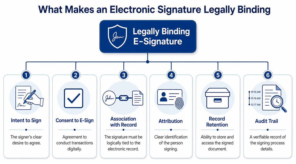 A diagram outlining the six key requirements that make an electronic signature legally binding and enforceable.
