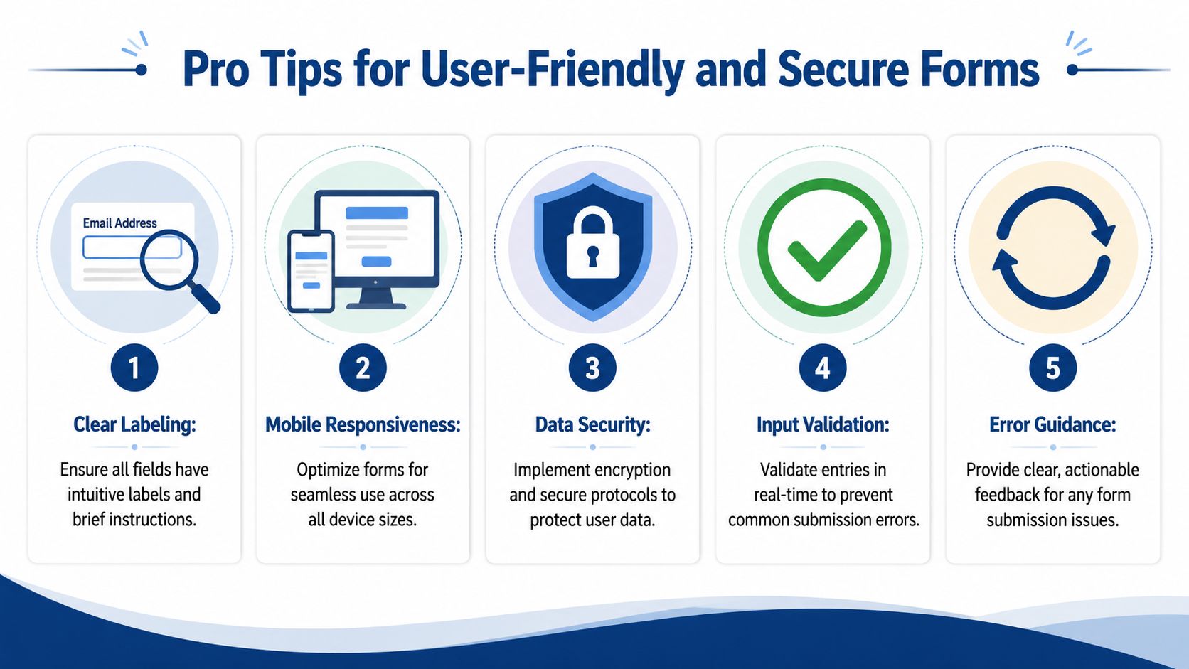An infographic titled Pro Tips for User-Friendly and Secure Forms listing five essential best practices for web design.
