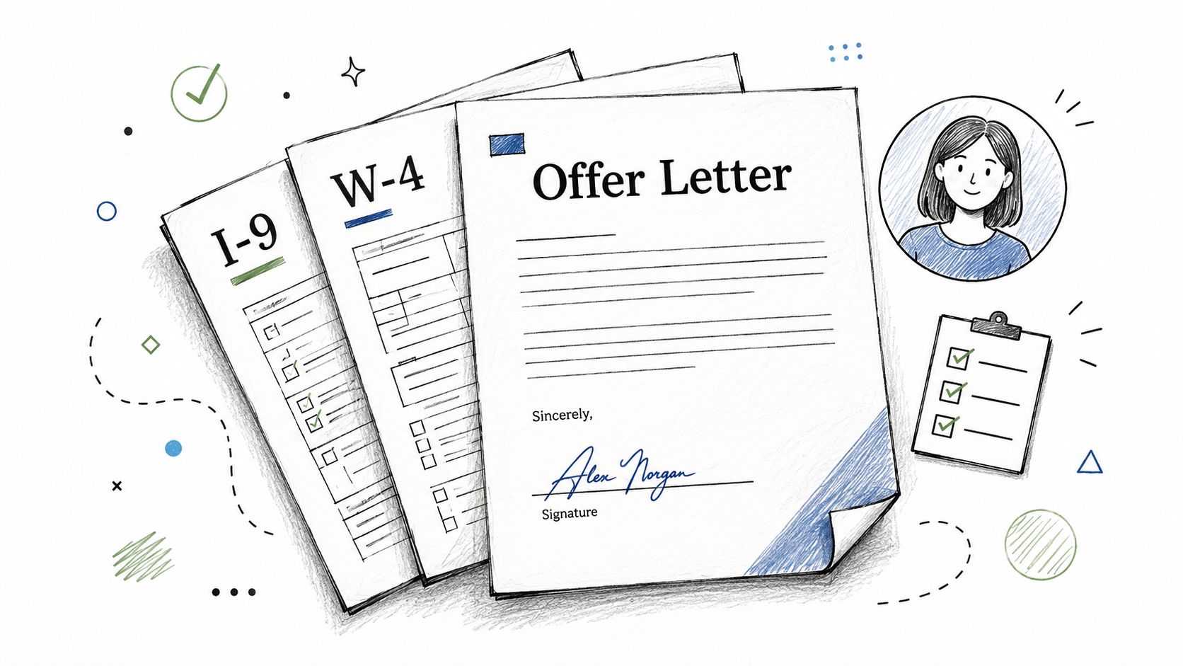 A hand-drawn illustration depicting job offer documents including an I-9, W-4, and a signed offer letter.