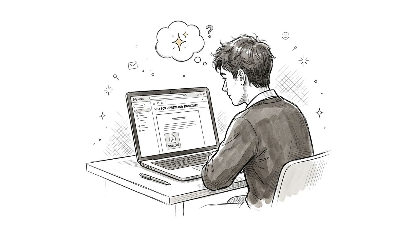 A young man sitting at a desk and reviewing an NDA document on his laptop computer screen.