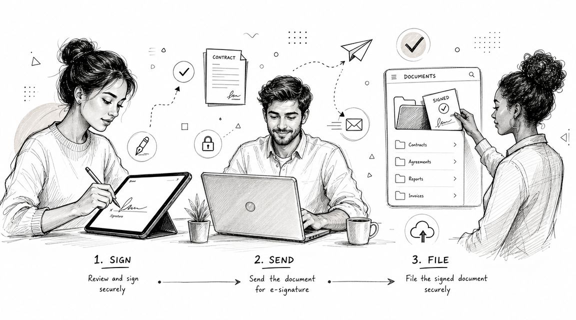A three-step illustration showing a person signing, sending, and filing electronic documents on digital devices.