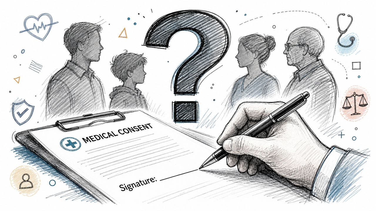 A hand signing a medical consent form with figures of family members and a question mark behind.