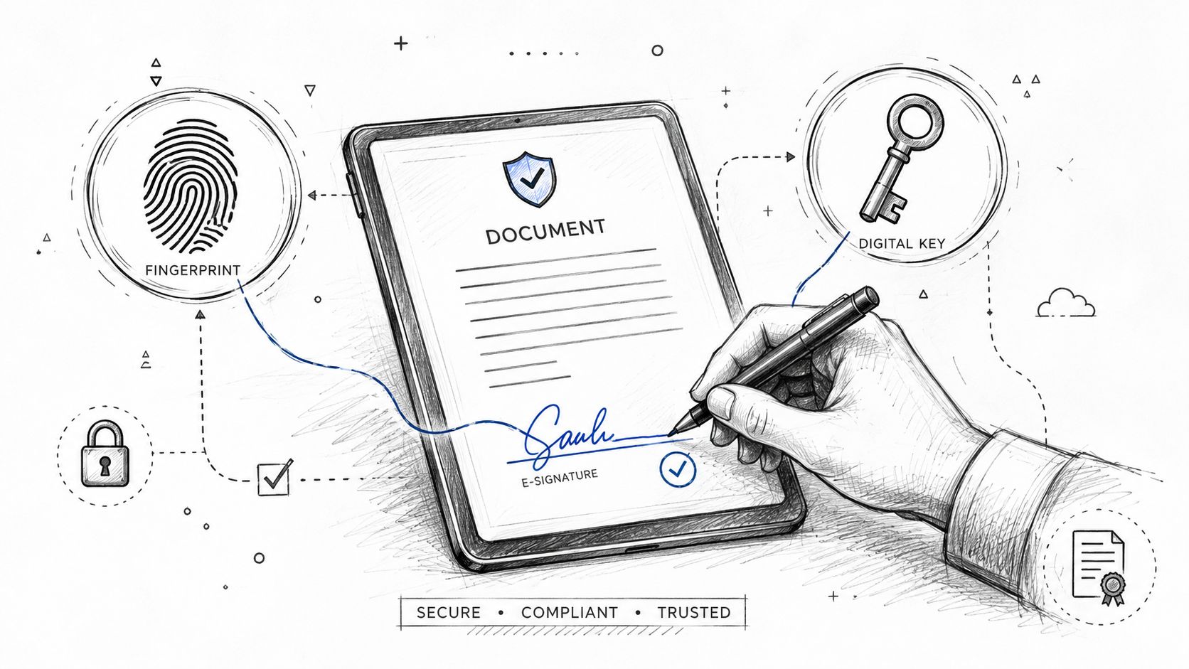 A hand signing a digital document on a tablet, surrounded by security icons like fingerprints and keys.