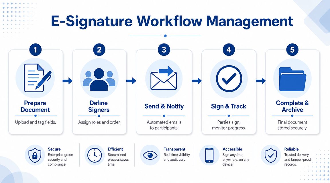 A diagram illustrating the five-step workflow management process for digital e-signatures from document preparation to archival.
