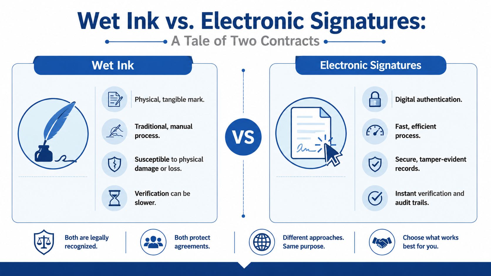 A comparison infographic between traditional wet ink signatures and digital electronic signatures highlighting their key differences.