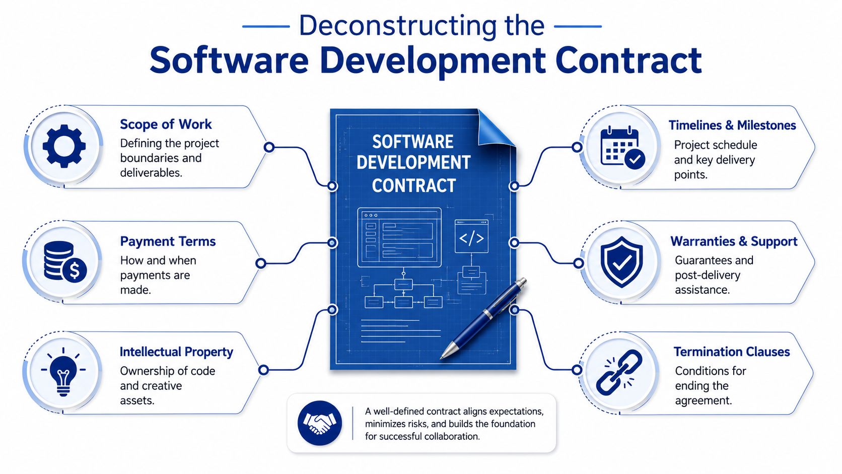 A diagram illustrating the six key components of a software development contract for successful project collaboration.