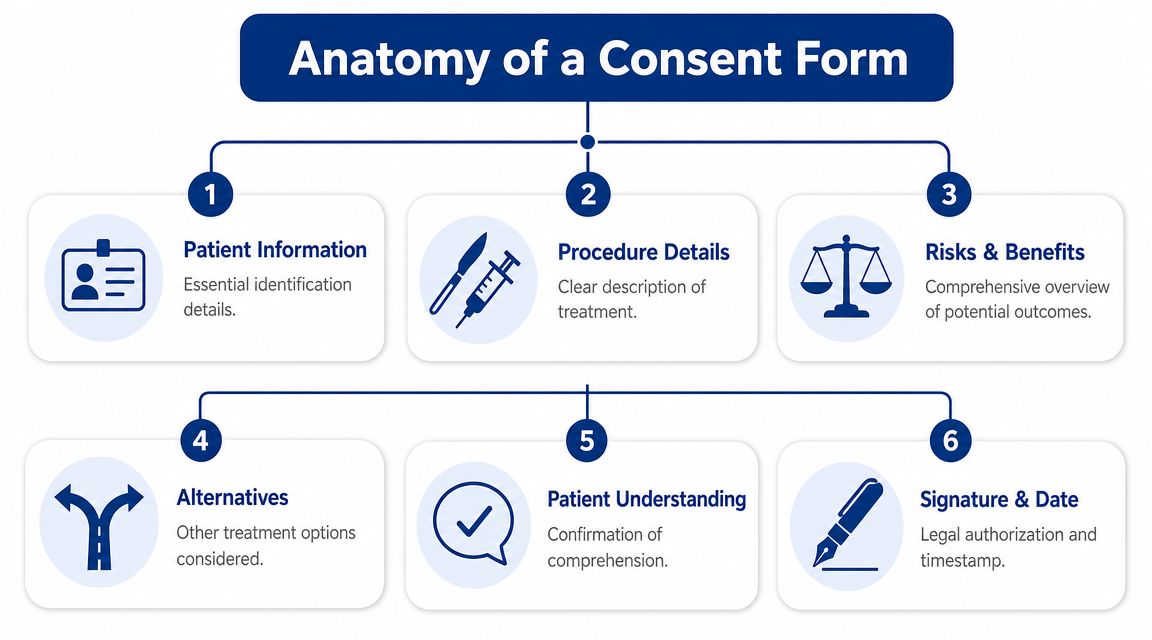 A diagram illustrating the six essential components required for a complete and valid medical consent form.