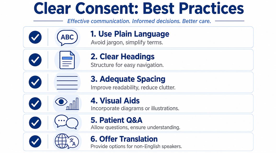 An infographic titled Clear Consent Best Practices displaying six numbered steps for effective patient communication.