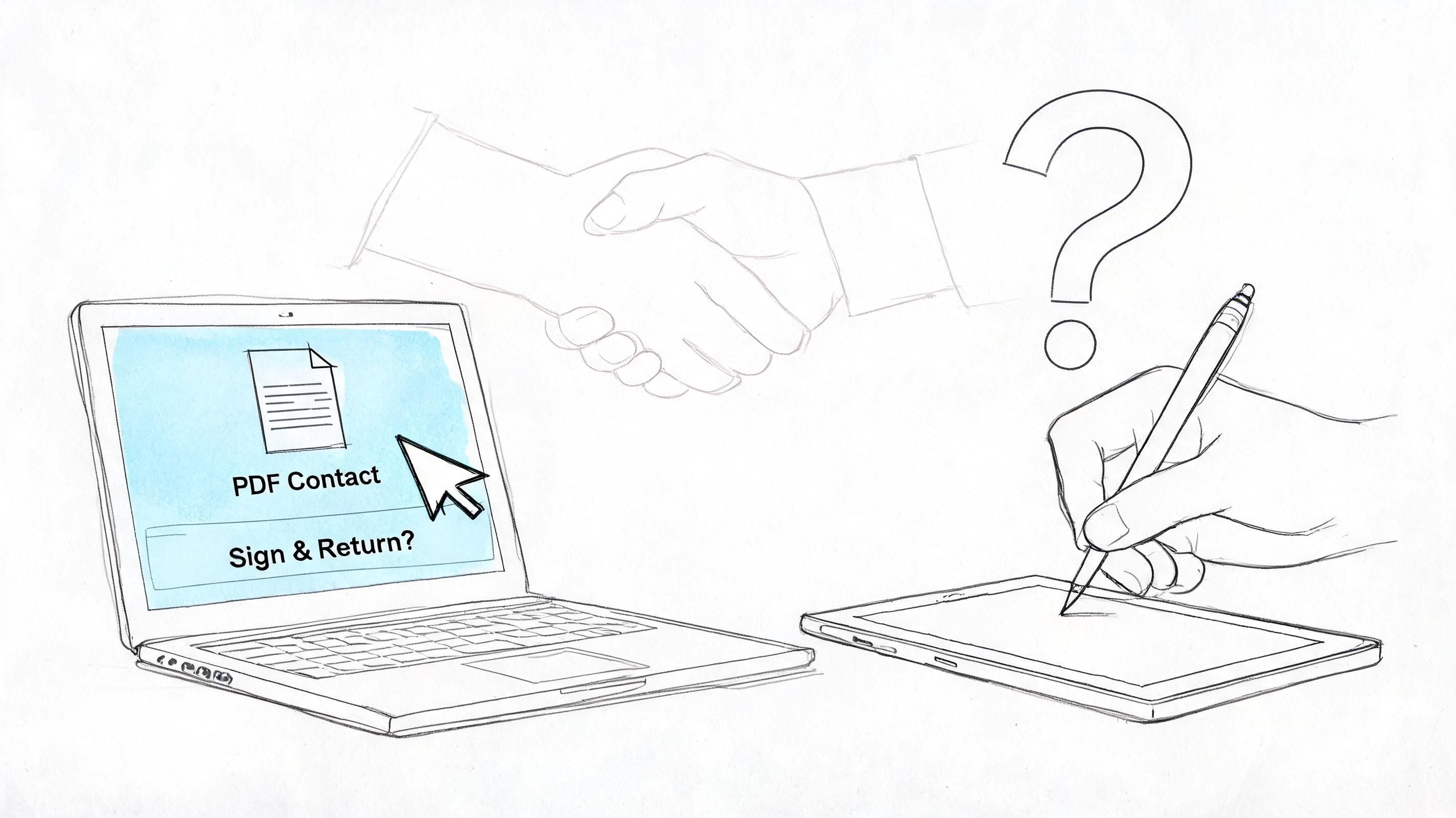 A line art illustration showing a digital document being signed on a laptop and tablet device.