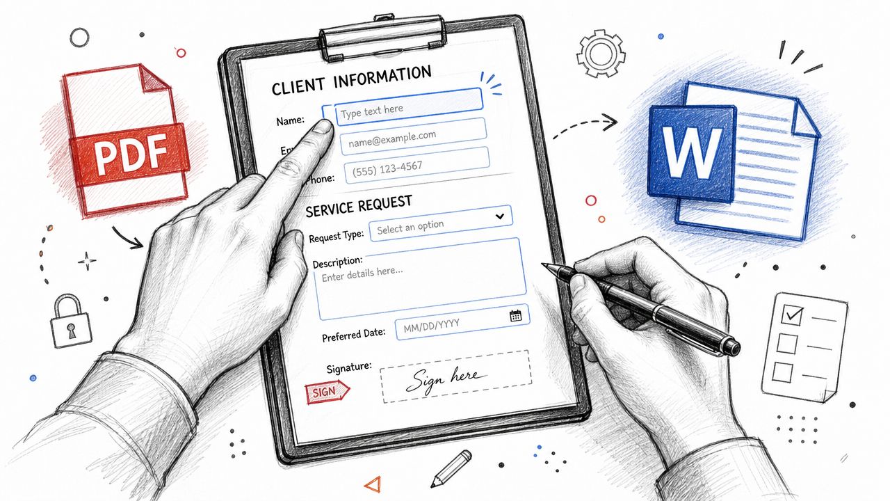 A hand filling out a digital form on a clipboard, representing PDF to Word document conversion process.