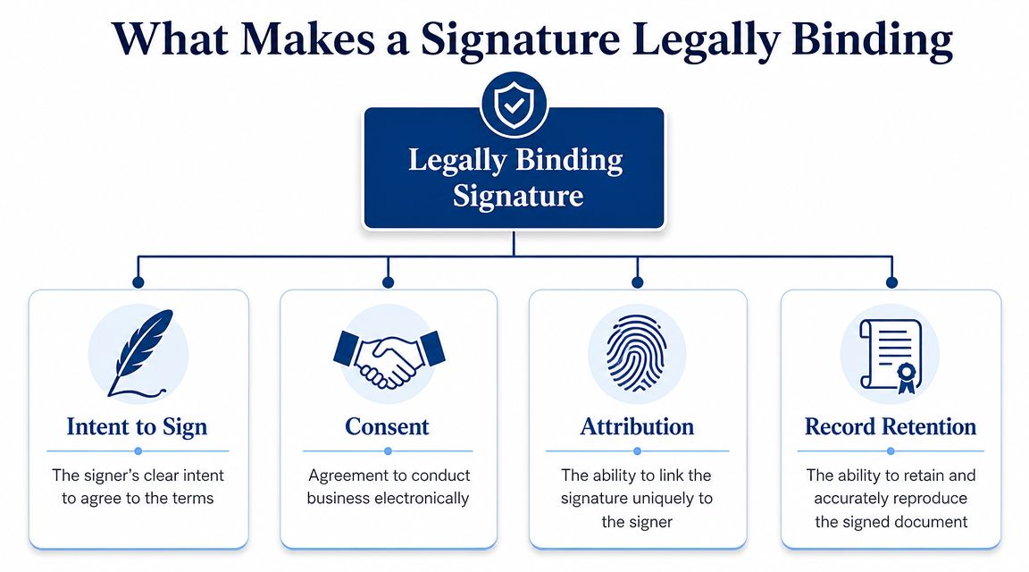 A diagram outlining the four essential requirements for creating a legally binding electronic signature.