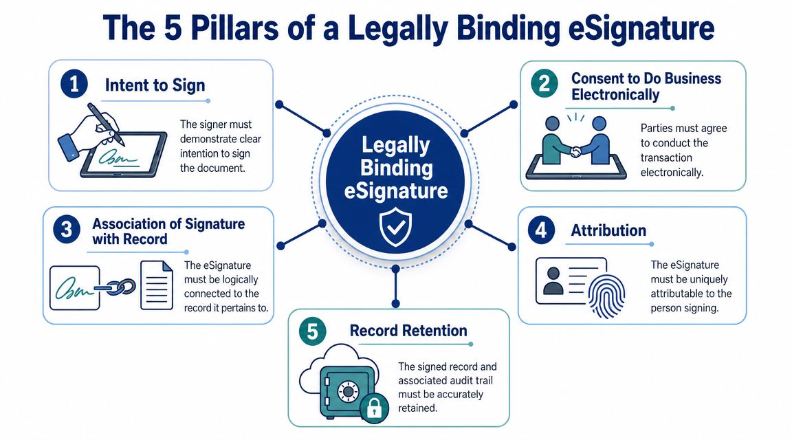A diagram illustrating the five key requirements for creating a legally binding electronic signature for documents.
