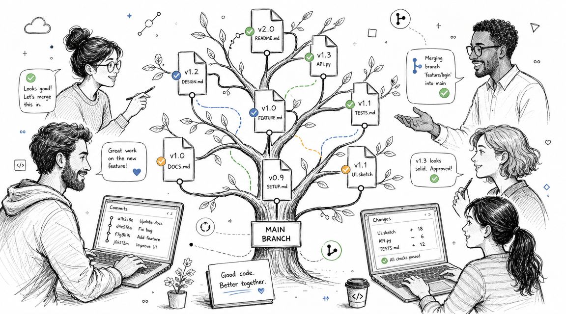 A collaborative team works together on a digital document version control tree with various file versions.
