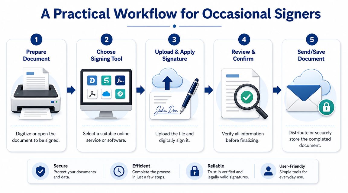 A five-step infographic showing a simple, practical workflow for signing documents electronically using digital tools.