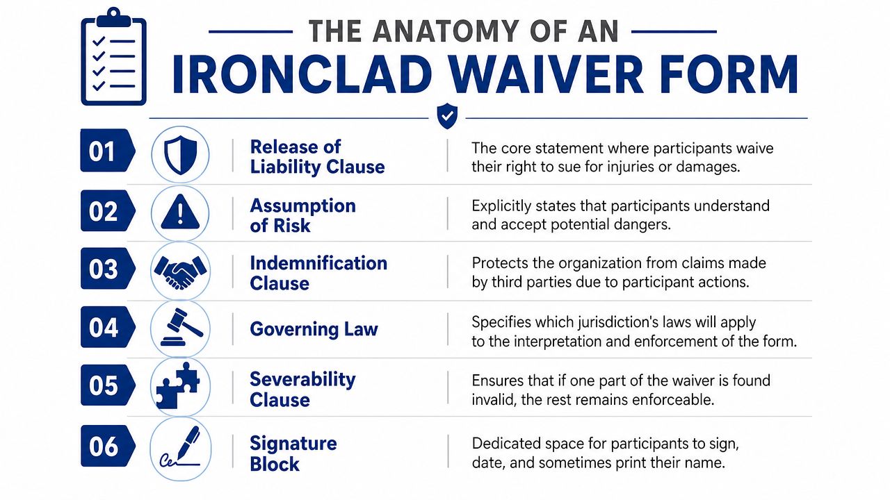 An infographic titled The Anatomy of an Ironclad Waiver Form listing six essential legal contract components.