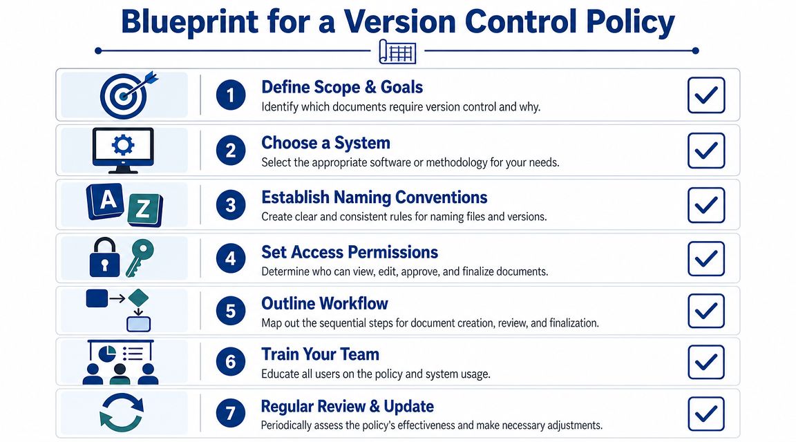 A checklist infographic illustrating seven essential steps for creating a successful document version control policy.