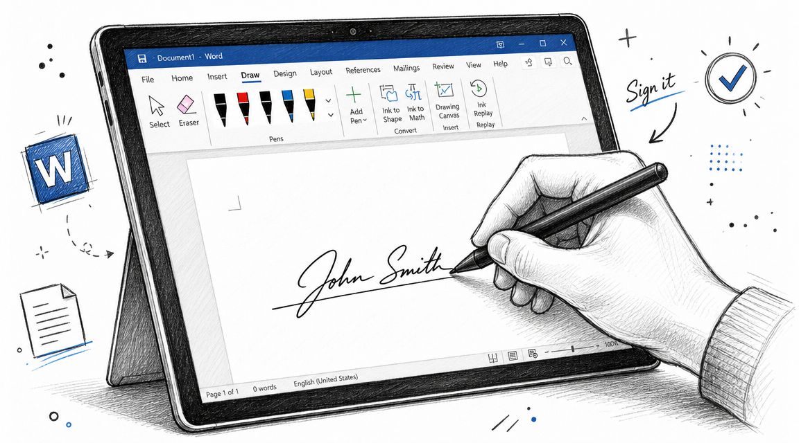 A hand using a digital pen to sign John Smith on a Microsoft Word document on tablet.