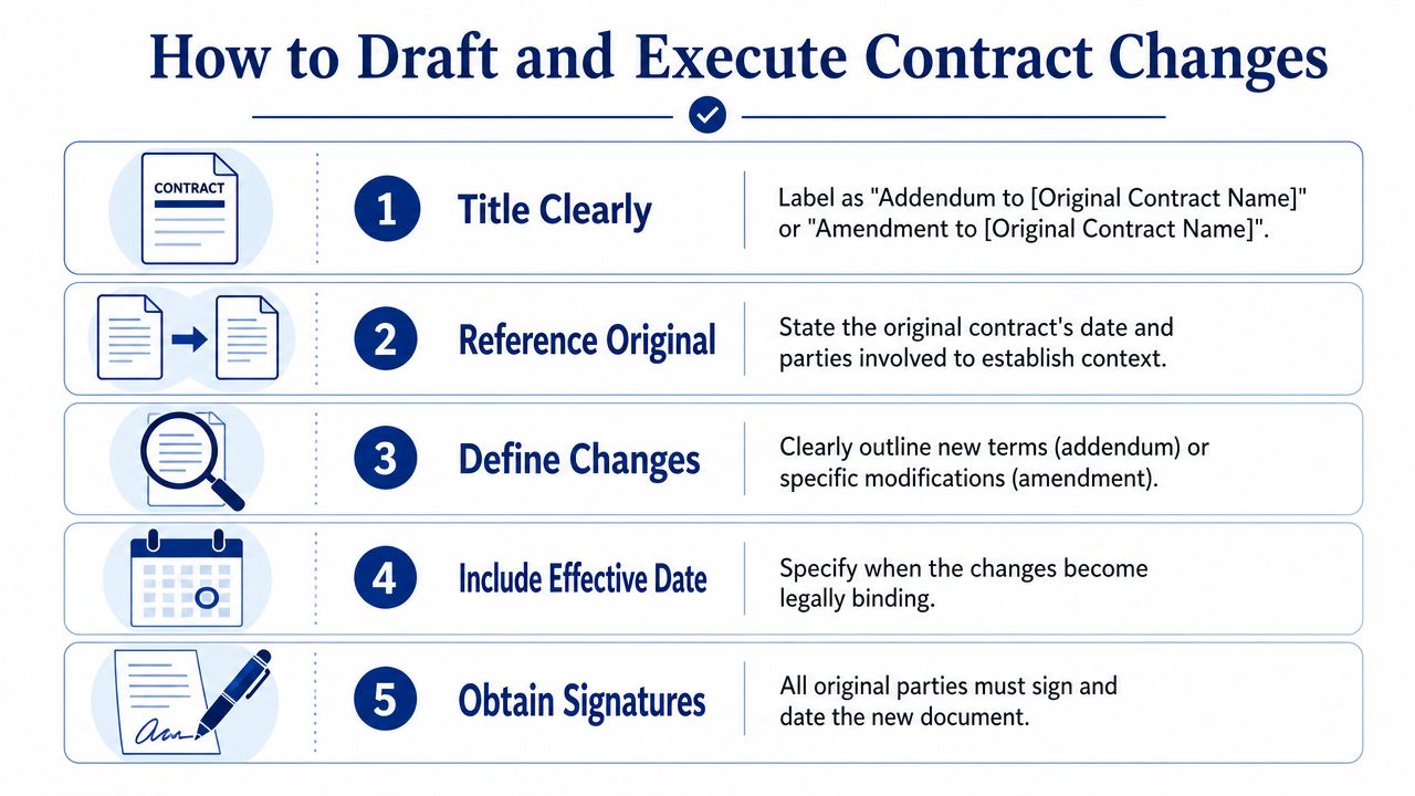 A step-by-step infographic titled How to Draft and Execute Contract Changes with five numbered points.