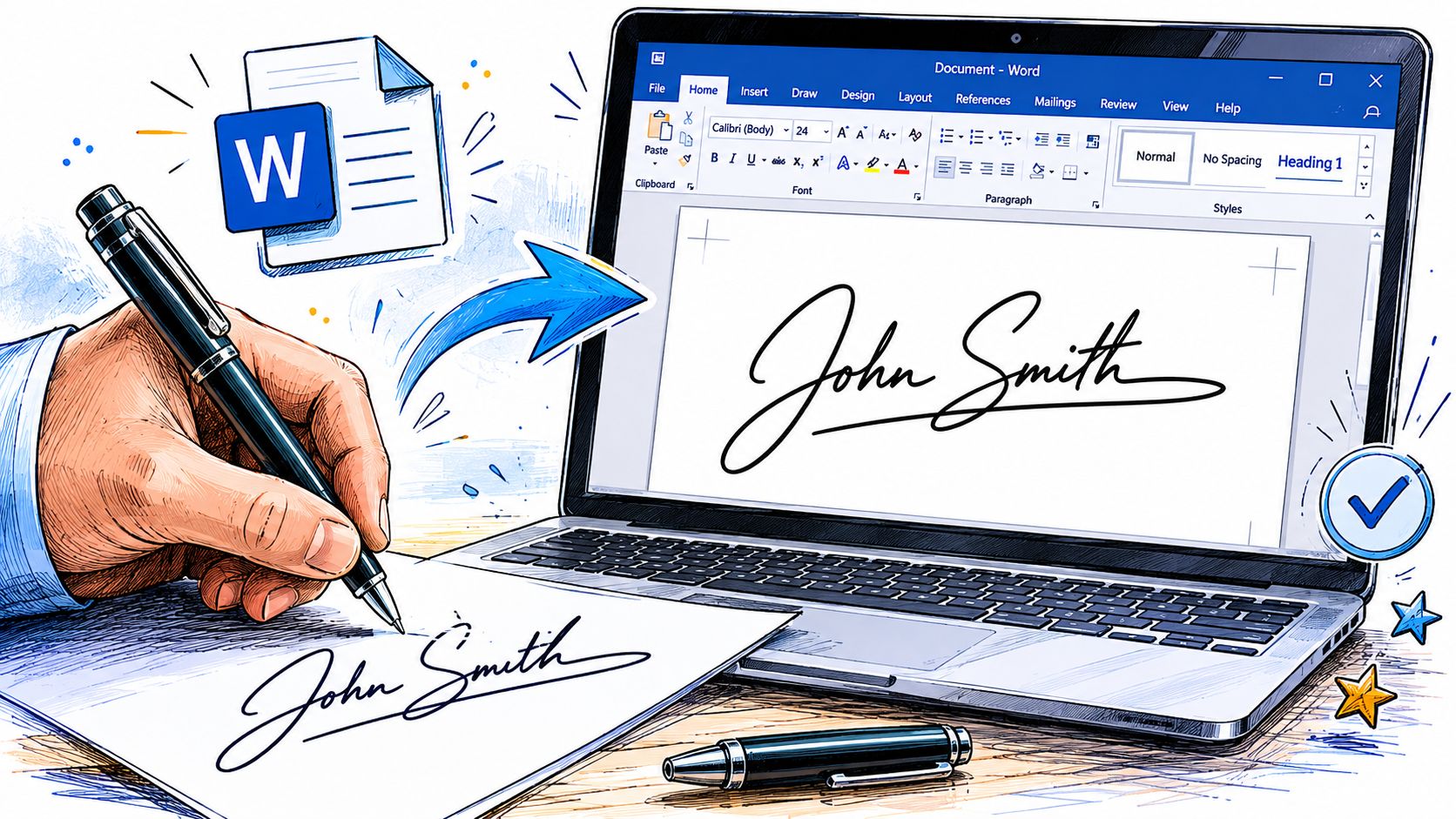 A hand signing a paper document with a digital signature being transferred into Microsoft Word on a laptop.