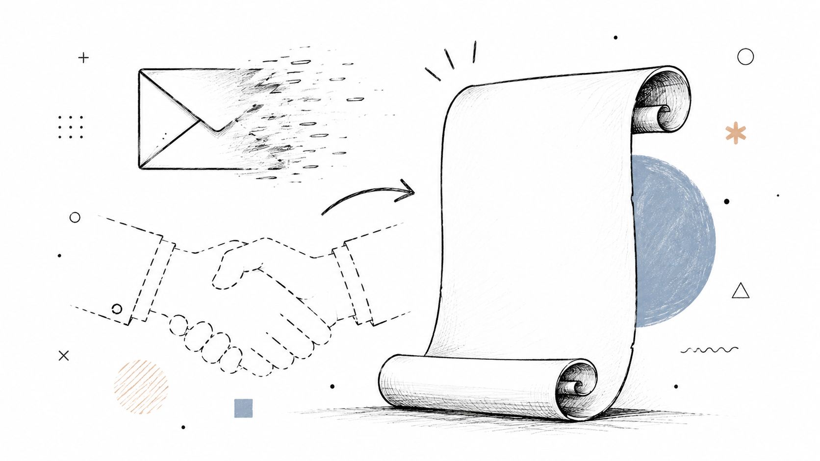A conceptual illustration showing a digital mail icon, a handshake sketch, and a blank paper scroll.