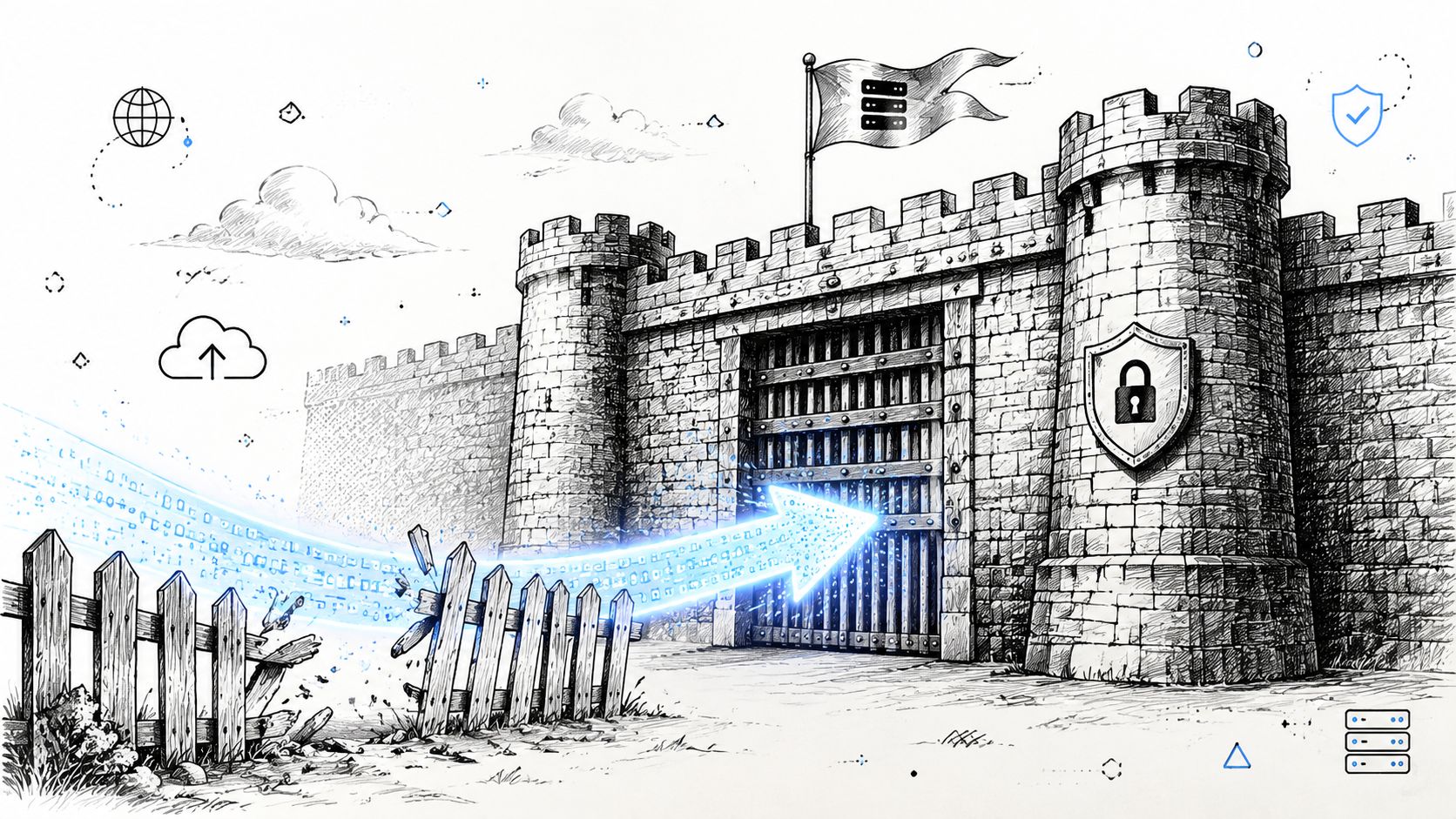 A digital illustration of a glowing data stream breaching a wooden fence toward a fortified castle.