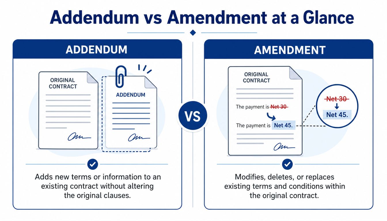 An infographic comparing an addendum, which adds new information, to an amendment, which modifies existing contract terms.