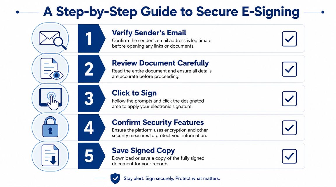 A step-by-step infographic showing five essential practices for secure electronic document signing.