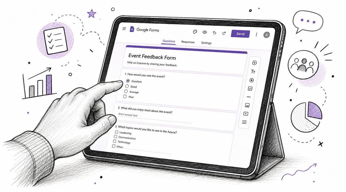 A hand using a finger to select options on a Google Forms event feedback survey on tablet.