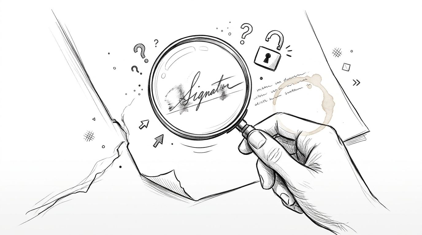 A hand holding a magnifying glass over a handwritten wet ink signature on a piece of paper.