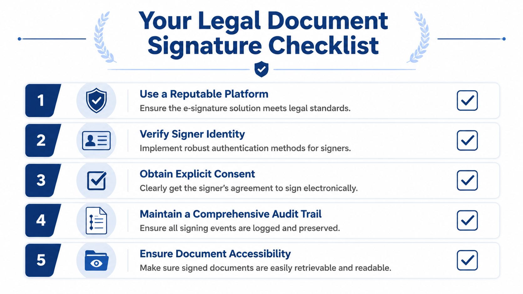 A five-point checklist outlining essential best practices for obtaining legally binding electronic document signatures.