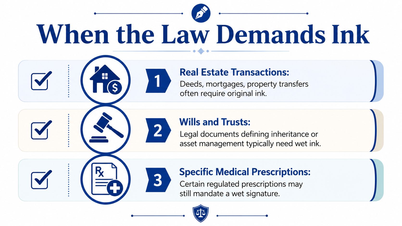 An infographic titled When the Law Demands Ink listing three scenarios requiring wet ink signatures.
