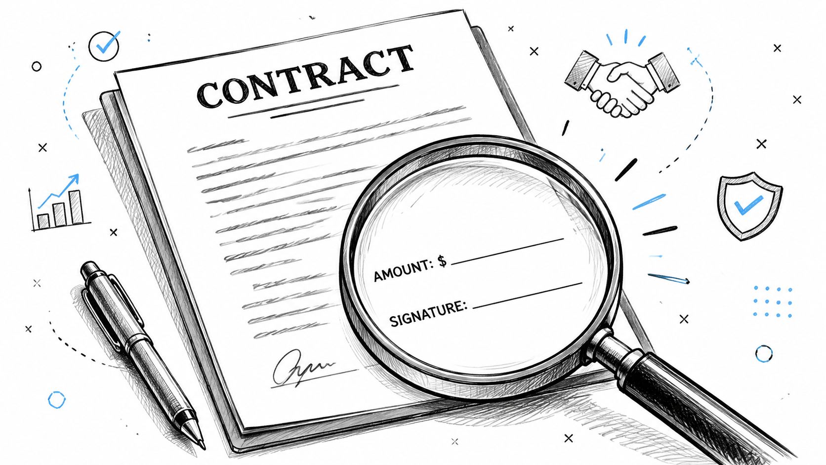 A magnifying glass placed over a contract document focusing on the empty amount and signature fields.