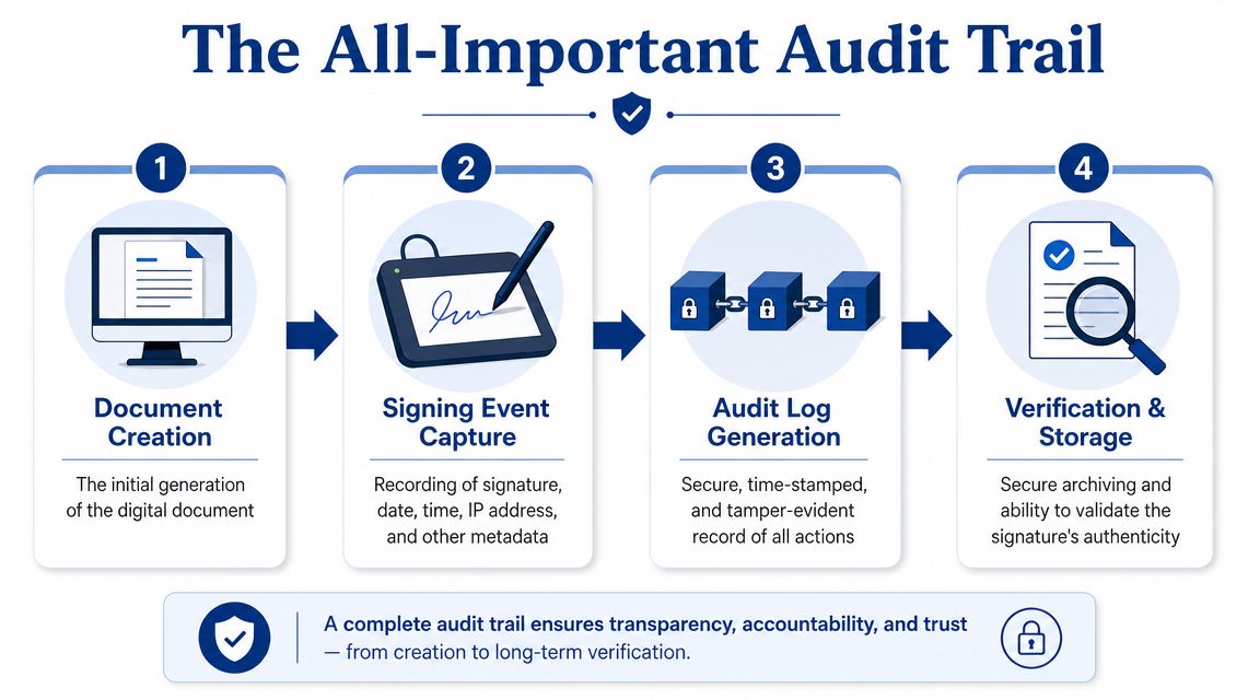 A four-step infographic illustrating the digital audit trail process for legal document signing and verification.